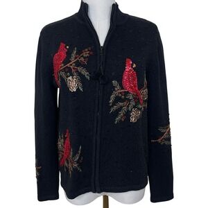 Vintage Tiara International Christmas Cardinal Bird Beaded Sequin Zip‎ Sweater S